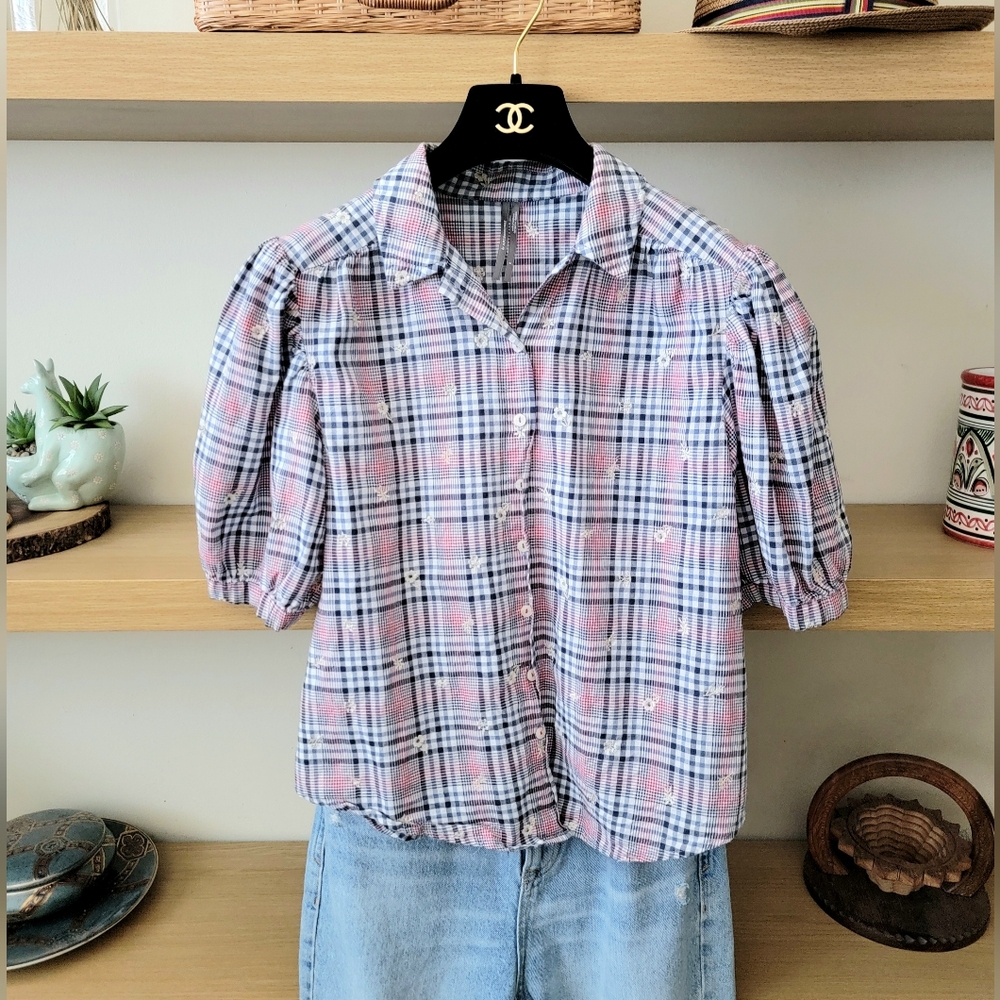 Anthropologie Pink and Blue Plaid Button Down Shirt